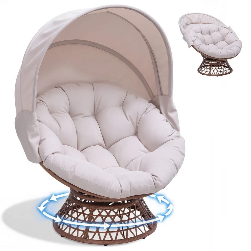 COMHOMA Papasansessel mit Sonnenschutz & Kissen Beige - Bild 2