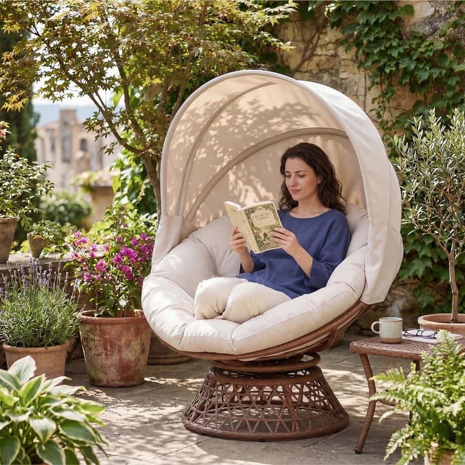 COMHOMA Papasansessel mit Sonnenschutz & Kissen Beige - Bild 5