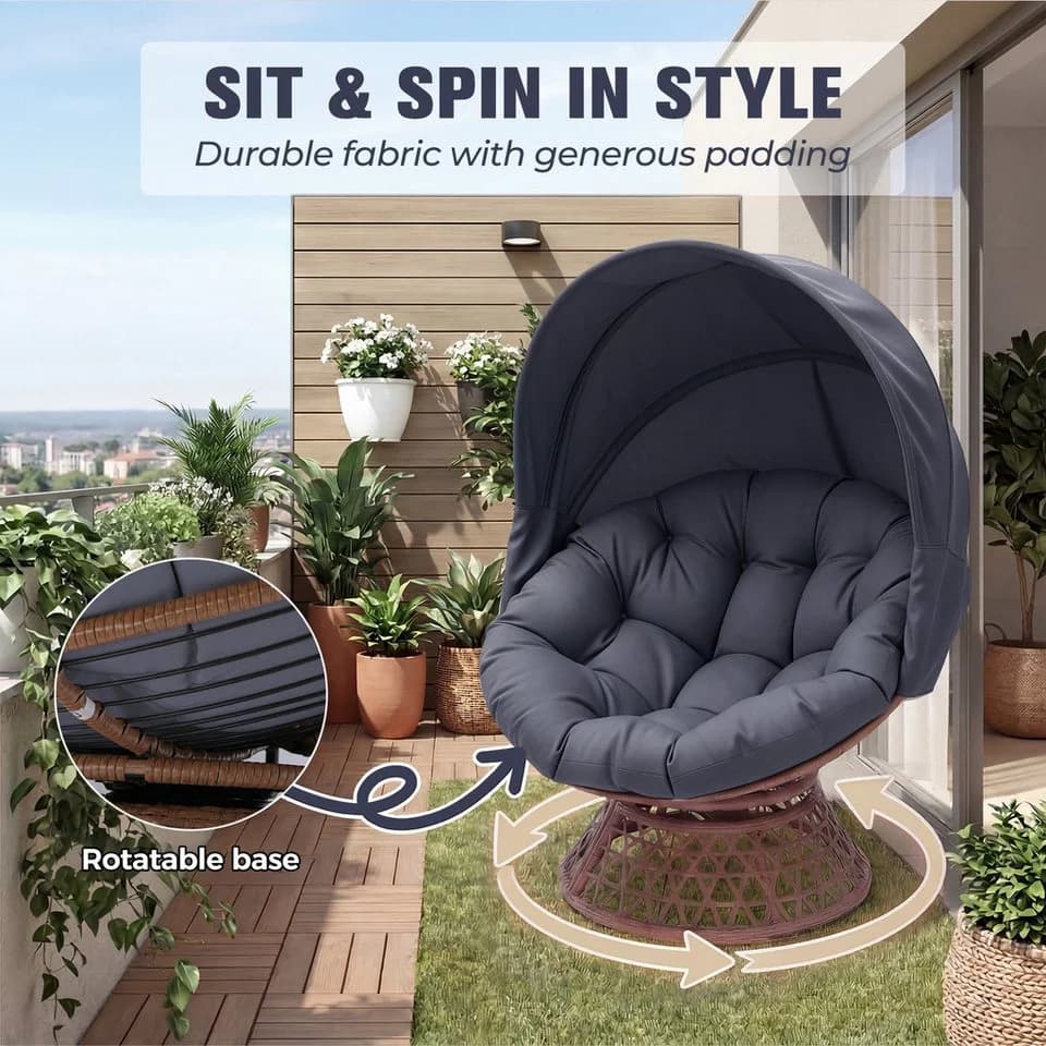 COMHOMA Papasansessel Grau mit Sonnenschutz & 360° Drehfunktion - Bild 3