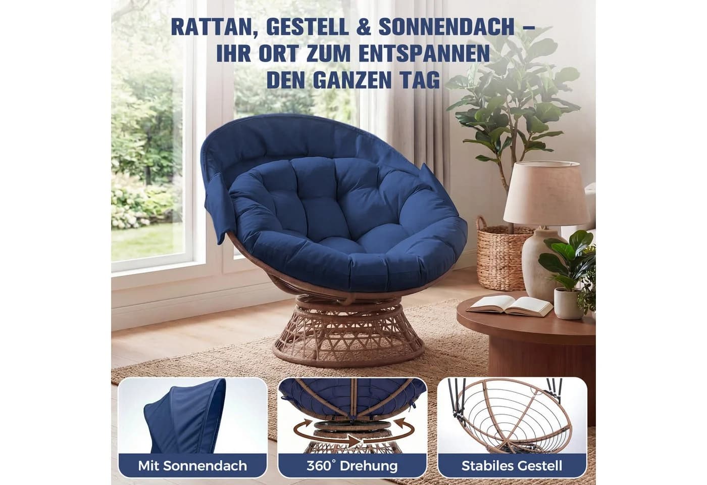 COMHOMA Papasan-Sessel mit Sonnenschutz & 360° Drehfunktion Blau
