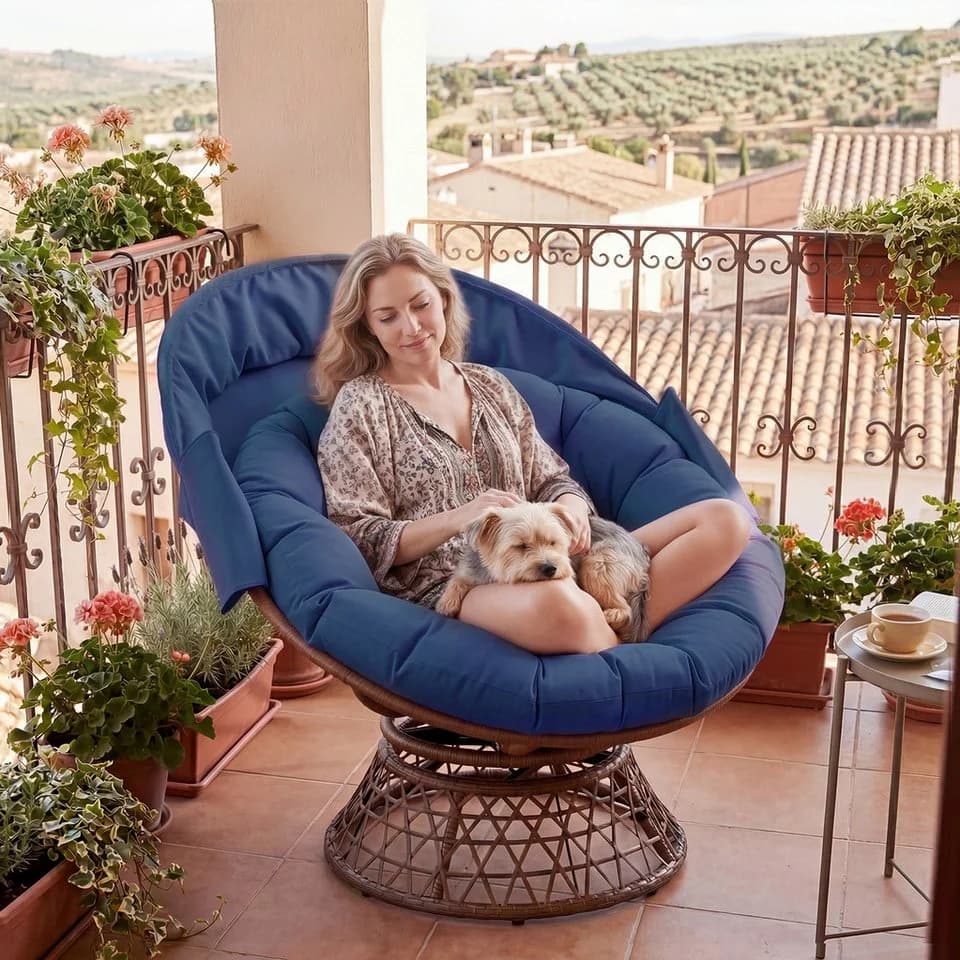 COMHOMA Papasan-Sessel mit Sonnenschutz & 360° Drehfunktion Blau - Bild 3