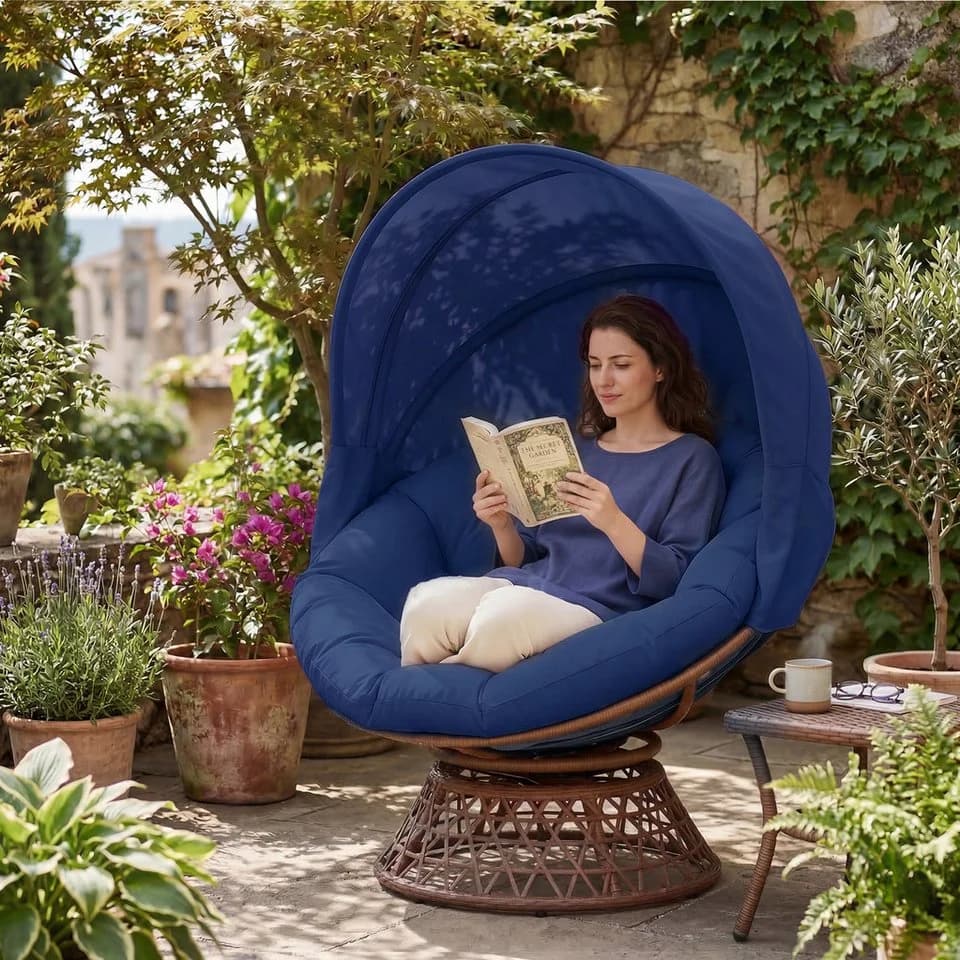 COMHOMA Papasan-Sessel mit Sonnenschutz & 360° Drehfunktion Blau - Bild 4