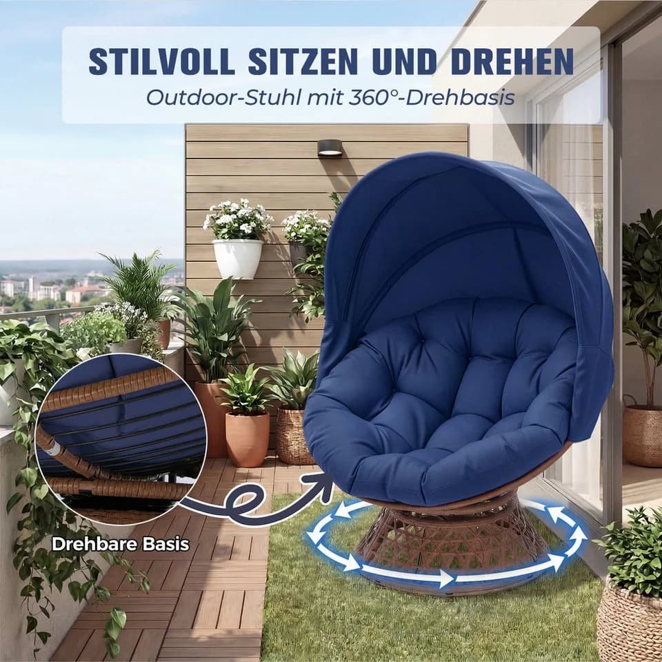 COMHOMA Papasan-Sessel mit Sonnenschutz & 360° Drehfunktion Blau - Bild 5
