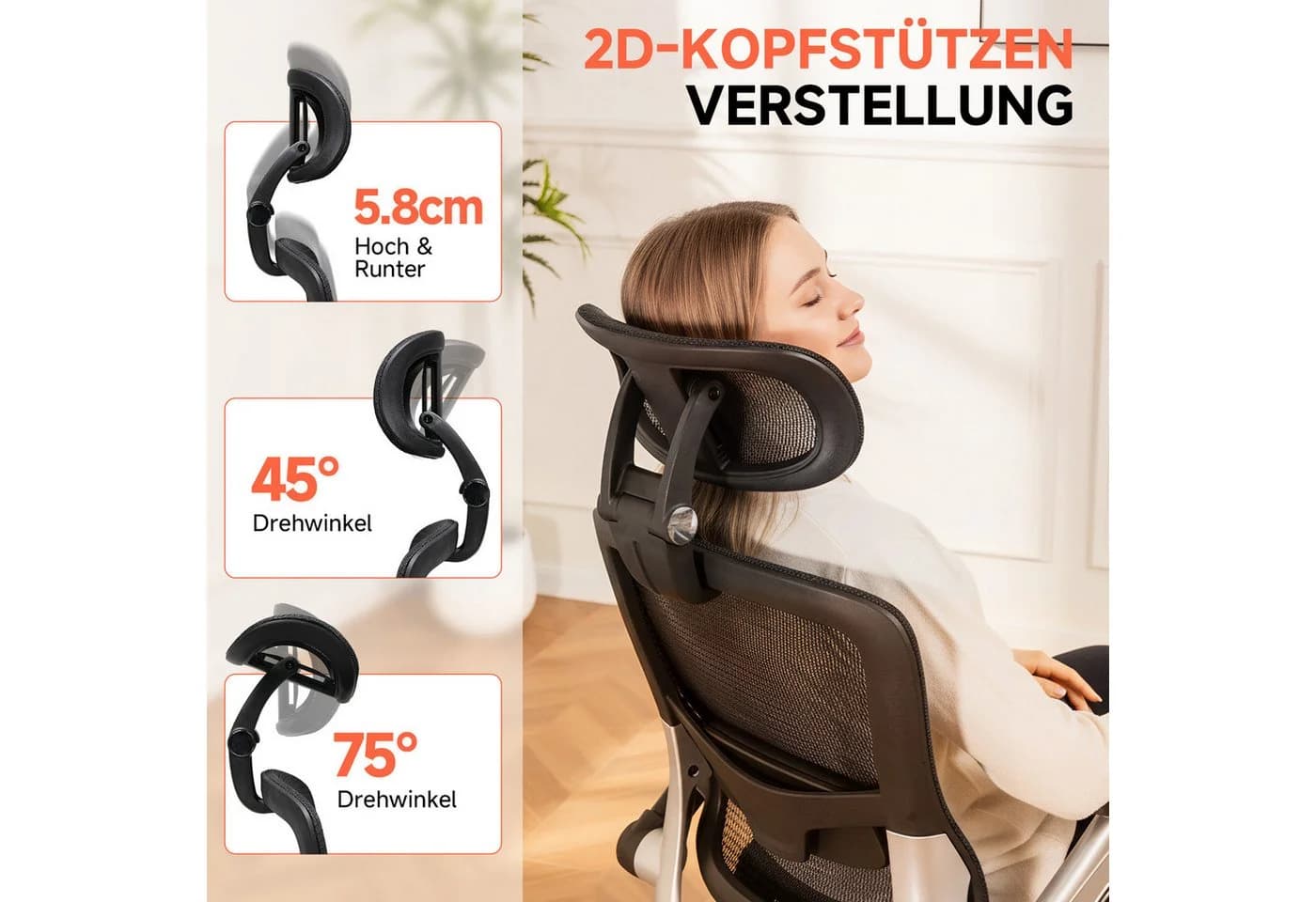 COMHOMA Ergonomischer Bürostuhl mit Mesh, 4D-Armlehnen & 2D-Kopfstütze
