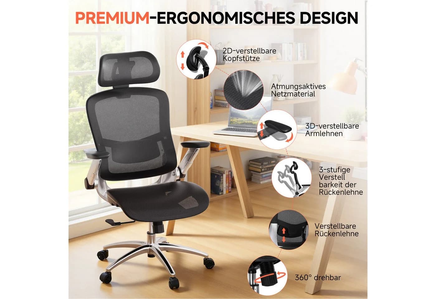 COMHOMA Ergonomischer Bürostuhl mit Mesh, 4D-Armlehnen & 2D-Kopfstütze - Bild 3