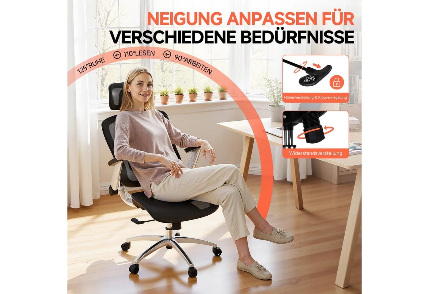 COMHOMA Ergonomischer Bürostuhl mit Mesh, 4D-Armlehnen & 2D-Kopfstütze - Bild 4