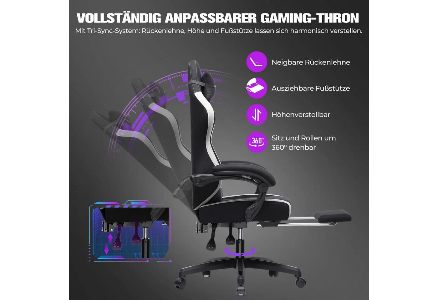GTPLAYER Gaming-Stuhl Ergonomisch mit Fußstütze Schwarz - Bild 3