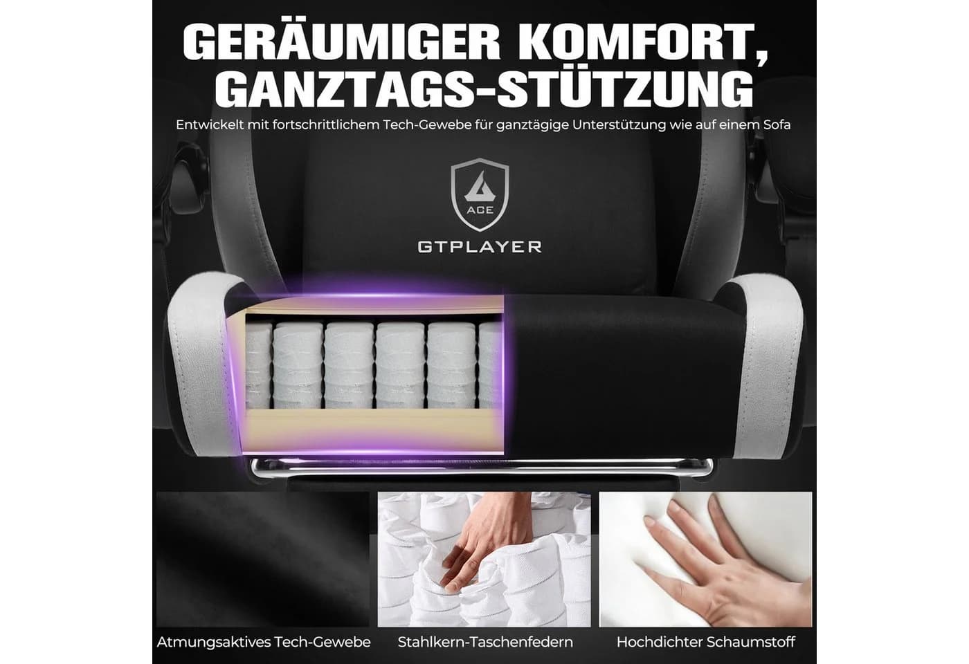 GTPLAYER Gaming-Stuhl Ergonomisch mit Fußstütze Schwarz - Bild 4