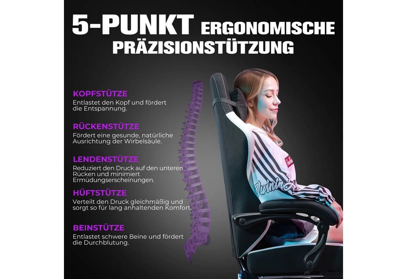 GTPLAYER Gaming-Stuhl Ergonomisch mit Fußstütze Schwarz - Bild 5