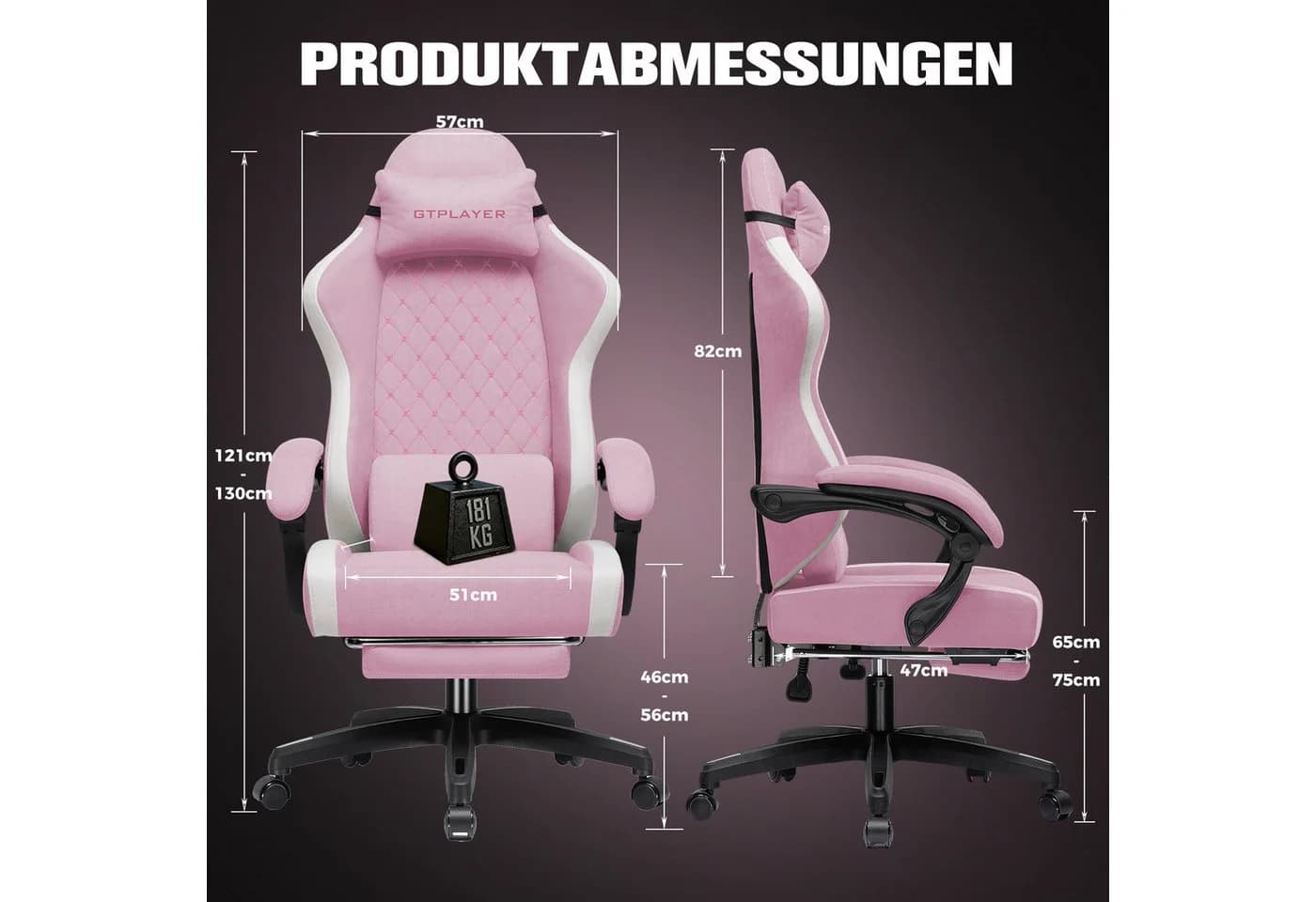 GTPLAYER Gaming-Stuhl Rosa Ergonomisch mit Fußstütze - Bild 4