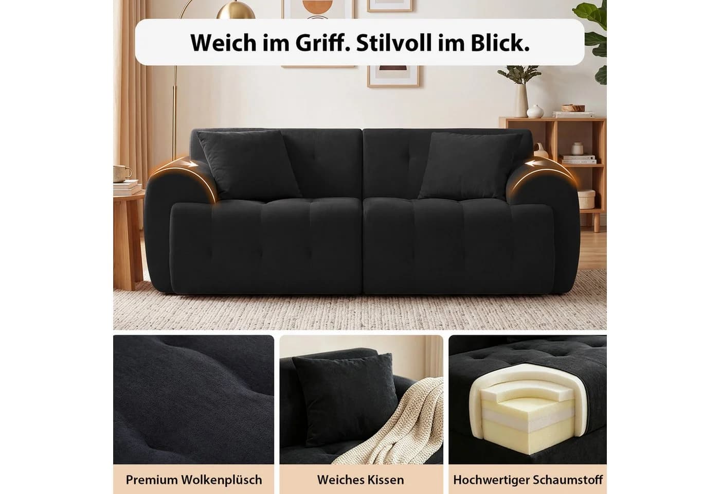 COMHOMA Ecksofa Schwarz Modulares Sofa mit Schlaffunktion