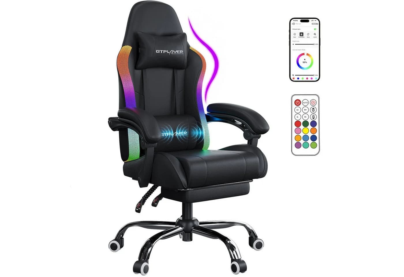GTPLAYER Gaming-Stuhl mit LED und Massagefunktion, schwarz - Bild 2