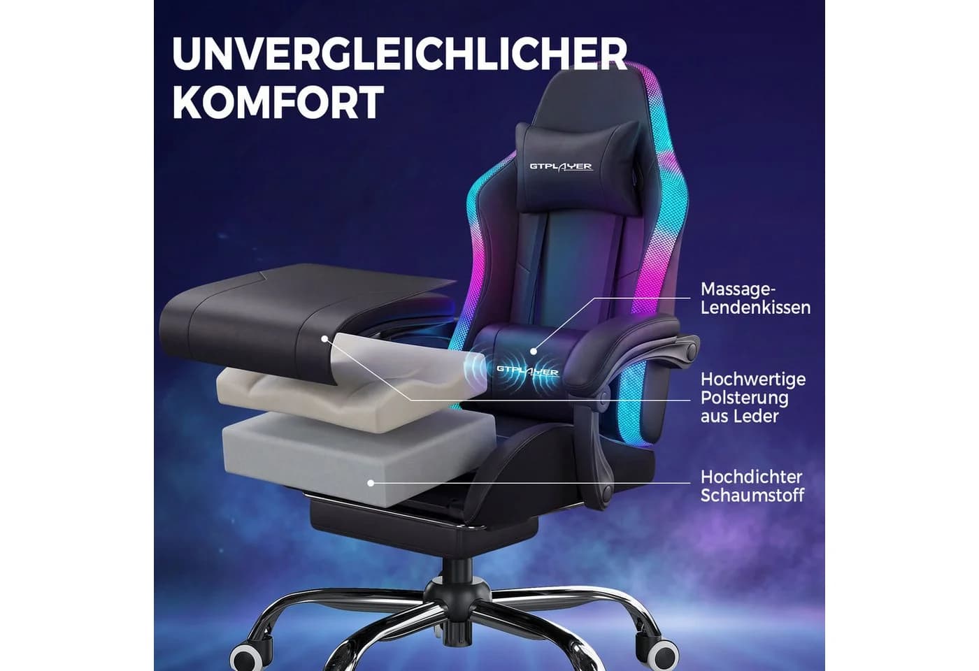 GTPLAYER Gaming-Stuhl mit LED und Massagefunktion, schwarz - Bild 4