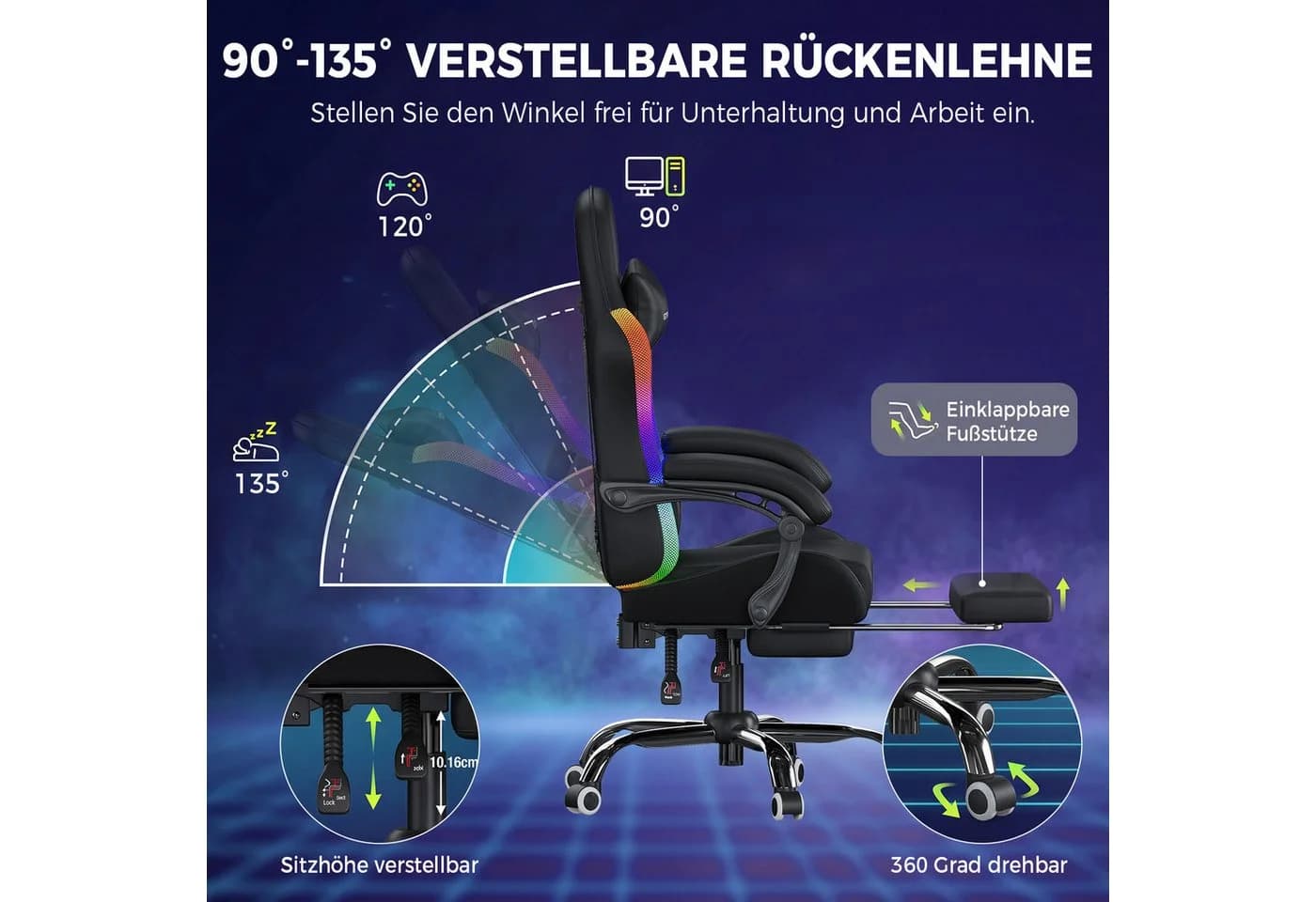 GTPLAYER Gaming-Stuhl mit LED und Massagefunktion, schwarz - Bild 5