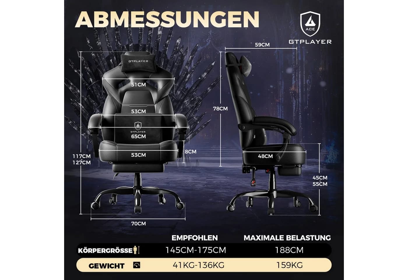 GTPLAYER Gaming-Stuhl ACE-ARMOR Schwarz mit Fußstütze - Bild 5