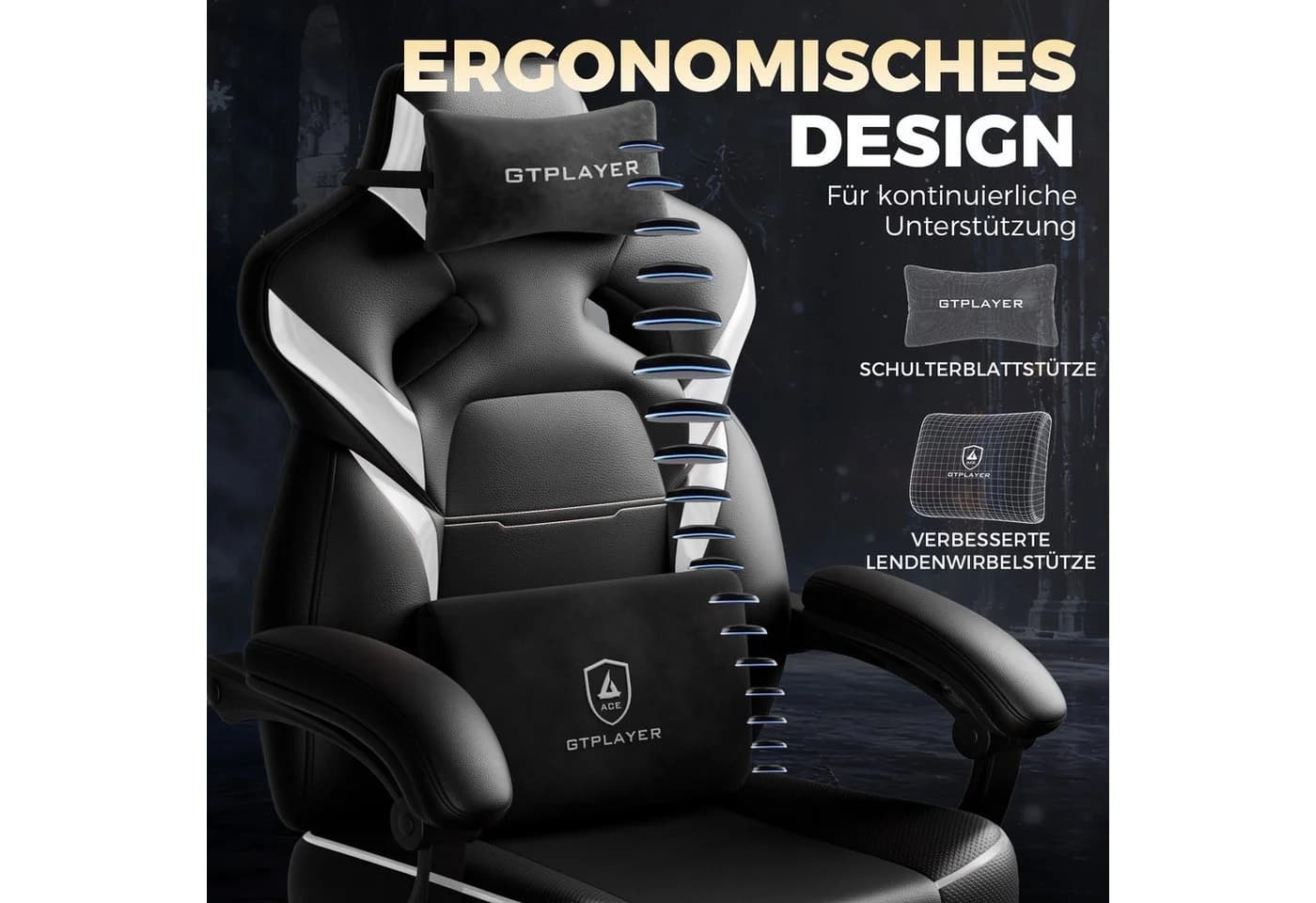 GTPLAYER Gaming-Stuhl ACE-ARMOR mit Fußstütze und Lendenkissen