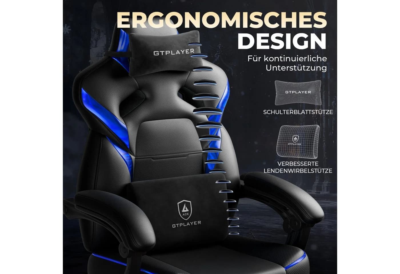 GTPLAYER Gaming-Stuhl ACE-ARMOR Schwarz mit Fußstütze & Lendenkissen