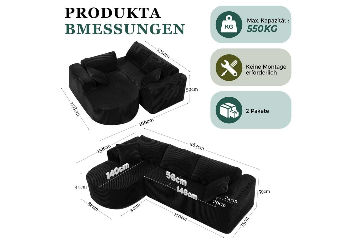 COMHOMA Ecksofa mit Schlaffunktion Cord Schwarz L-Form