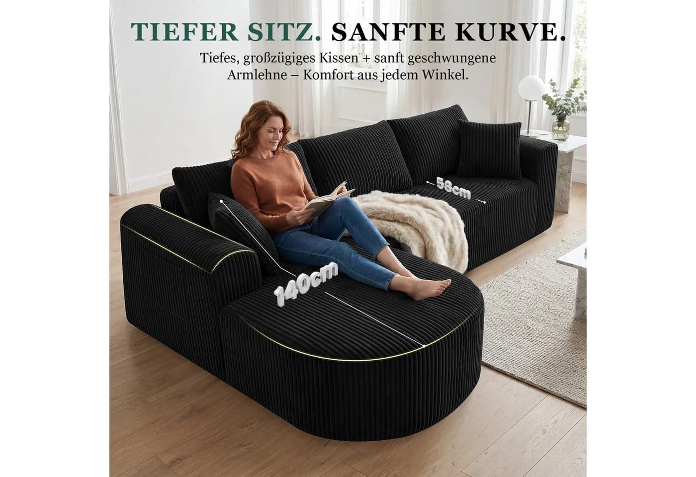 COMHOMA Ecksofa mit Schlaffunktion Cord Schwarz L-Form - Bild 3