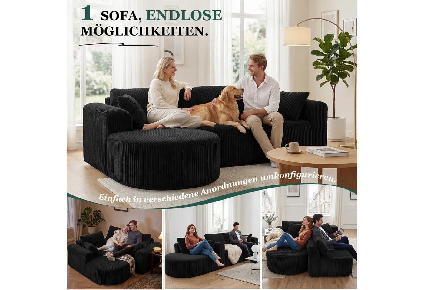 COMHOMA Ecksofa mit Schlaffunktion Cord Schwarz
