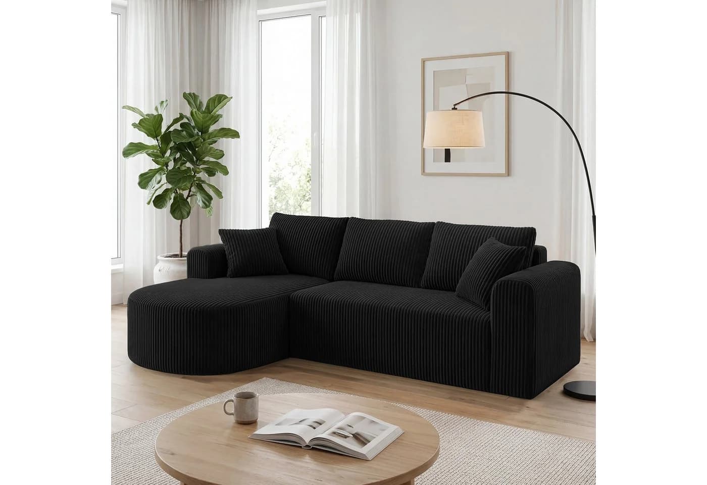 COMHOMA Ecksofa mit Schlaffunktion Cord Schwarz - Bild 2