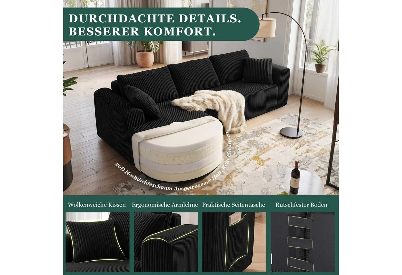 COMHOMA Ecksofa mit Schlaffunktion Cord Schwarz - Bild 3