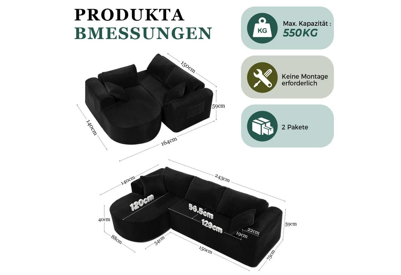 COMHOMA Ecksofa mit Schlaffunktion Cord Schwarz - Bild 4