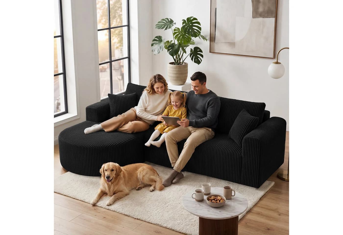 COMHOMA Ecksofa mit Schlaffunktion Cord Schwarz - Bild 5