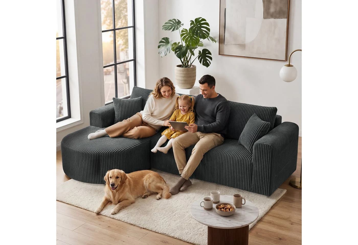 COMHOMA Ecksofa mit Schlaffunktion Grau Cord