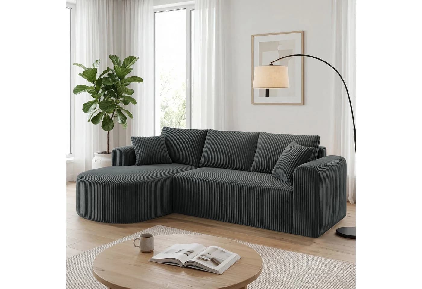 COMHOMA Ecksofa mit Schlaffunktion Grau Cord - Bild 2
