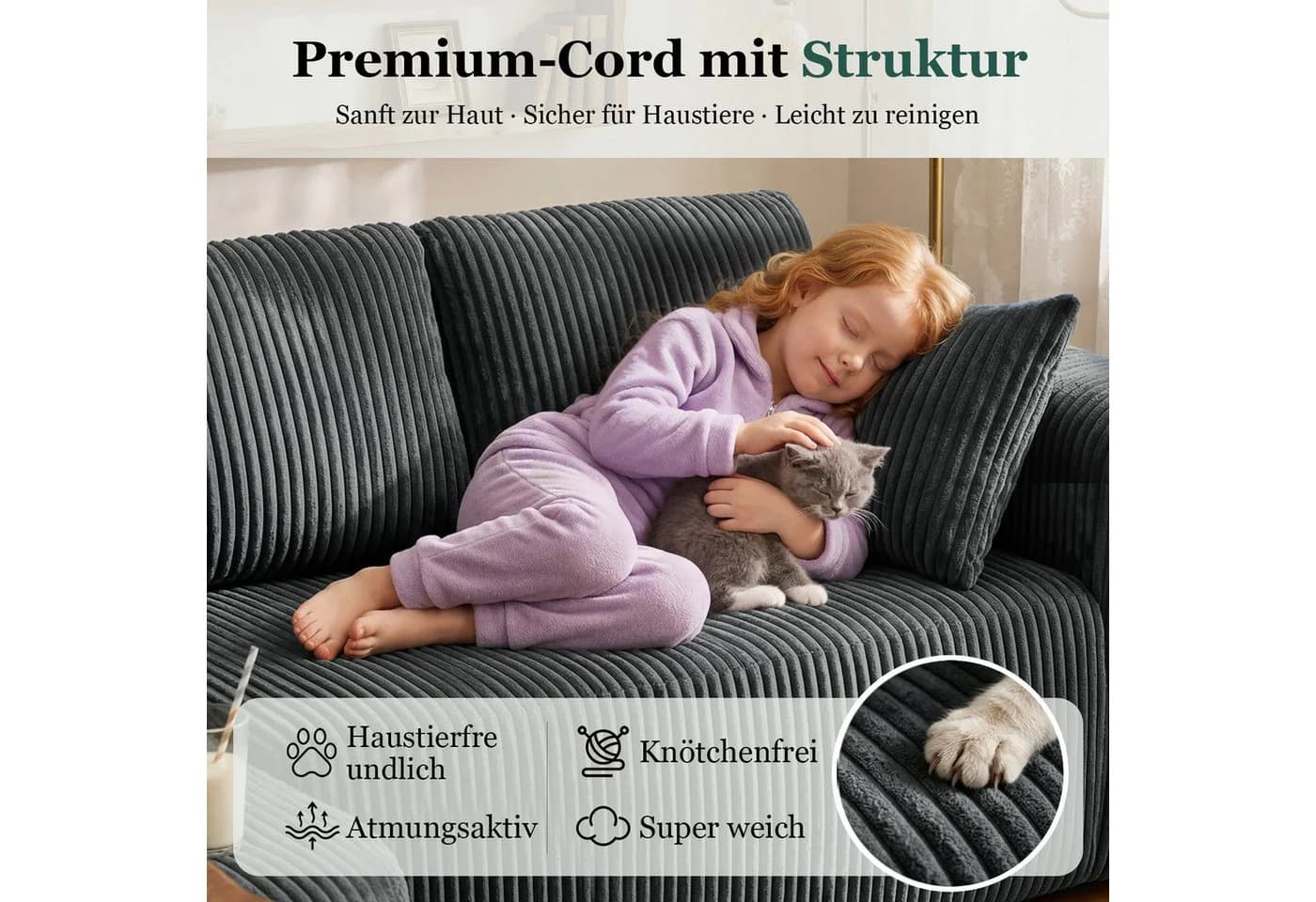 COMHOMA Ecksofa mit Schlaffunktion Grau Cord - Bild 3