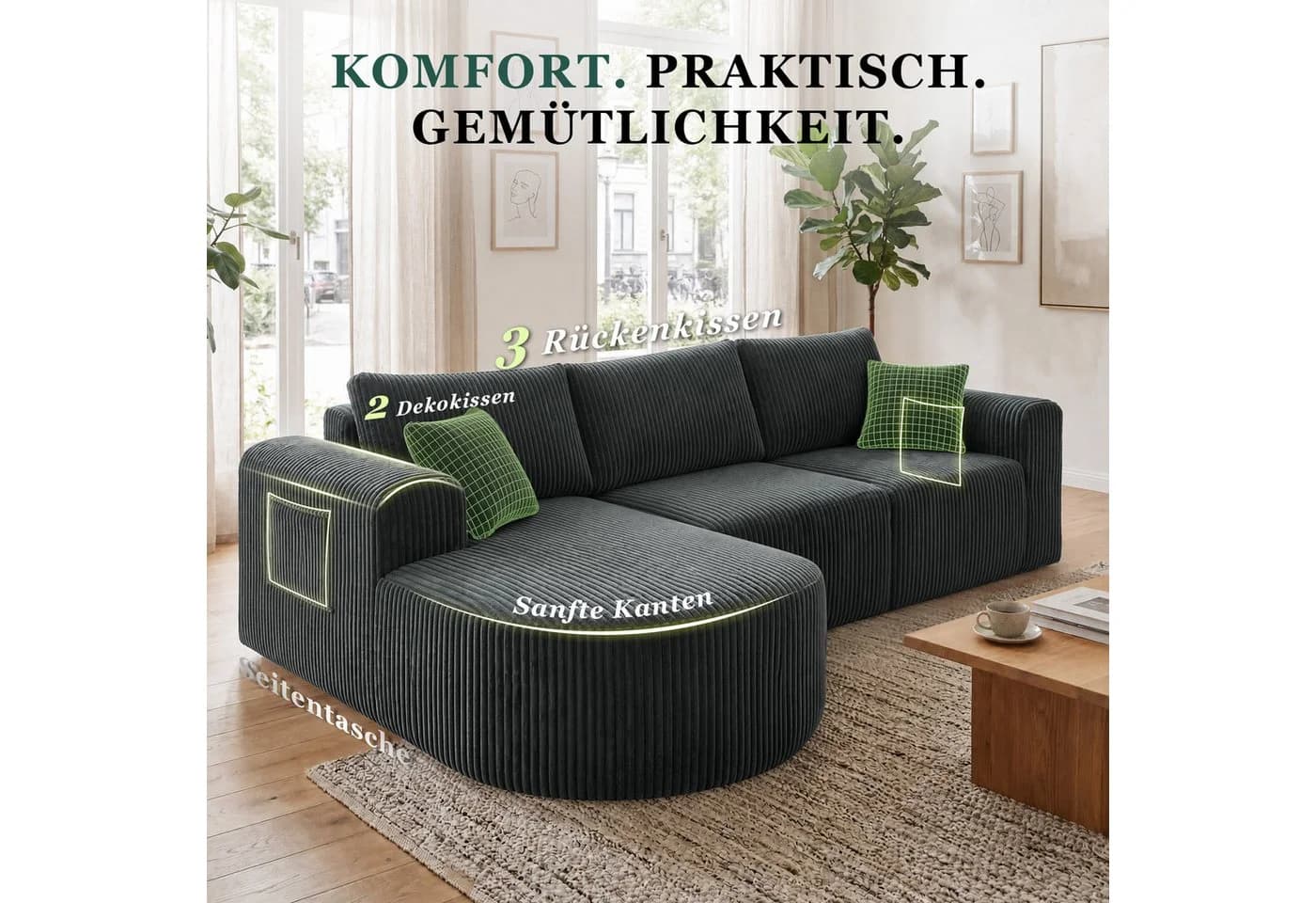 COMHOMA Ecksofa mit Schlaffunktion Grau Cord - Bild 5