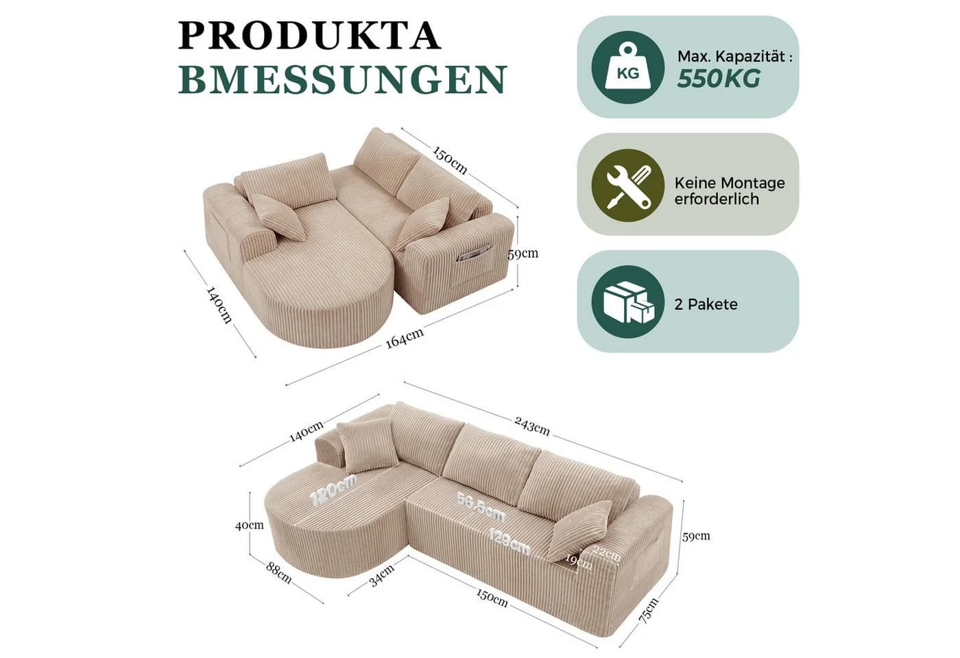 COMHOMA Ecksofa mit Schlaffunktion Cord beige