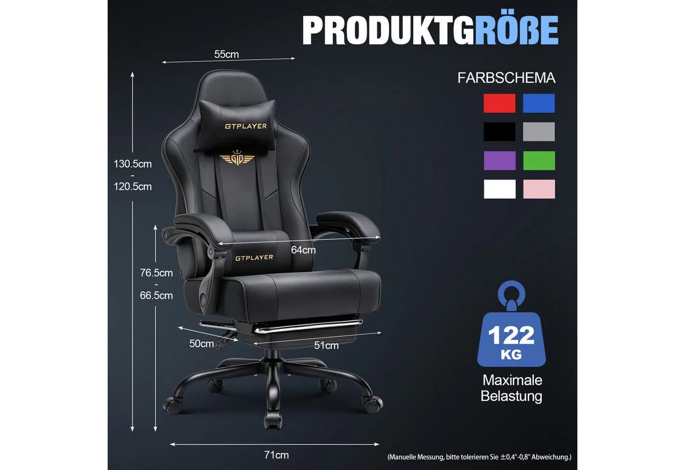 GTPLAYER Gaming-Stuhl Schwarz mit Fußstütze und Lordosenstütze - Bild 5