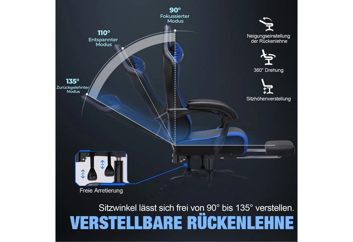 GTPLAYER Gaming-Stuhl Blau mit Fußstütze und Lordosenstütze - Bild 3