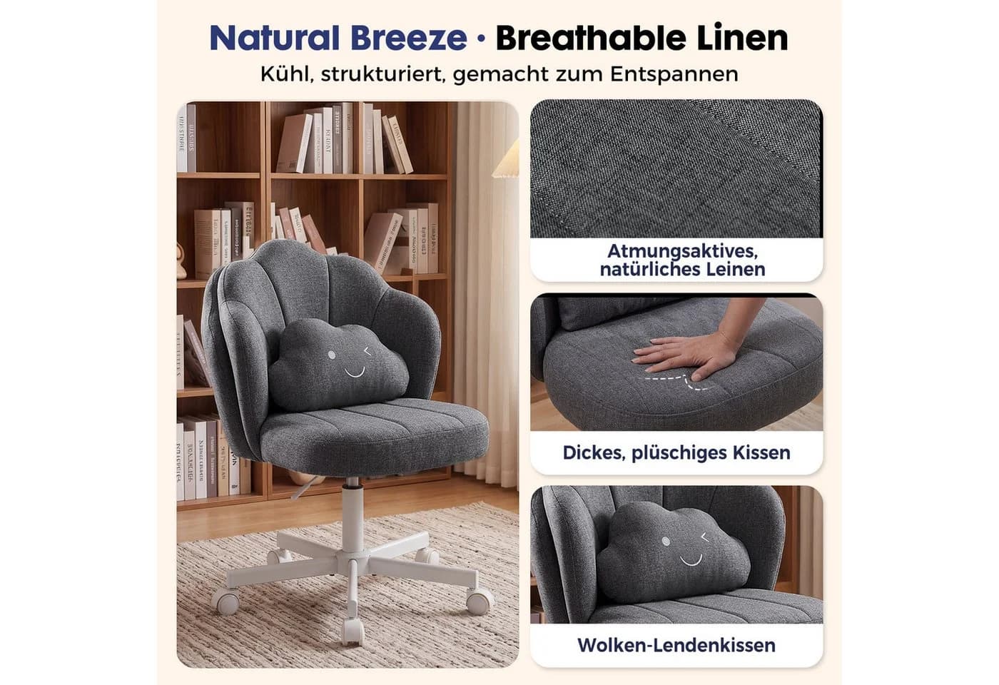 COMHOMA Bürostuhl mit Blüten-Design und Wolkenkissen grau