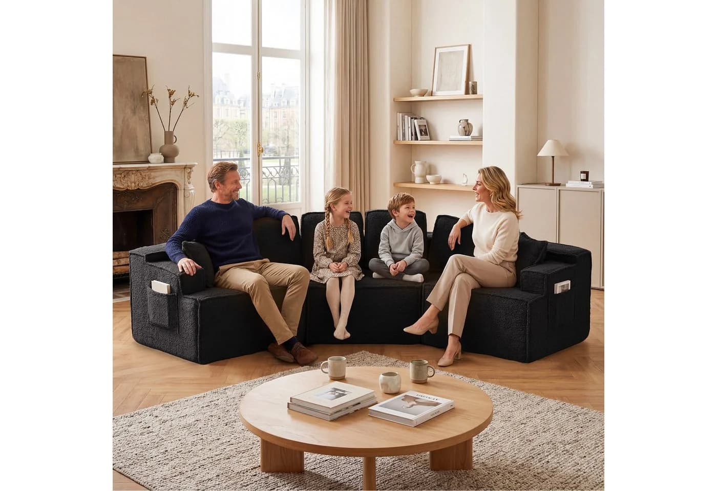 COMHOMA Modulares Schlafsofa Schwarz 3-Sitzer mit Schlaffunktion