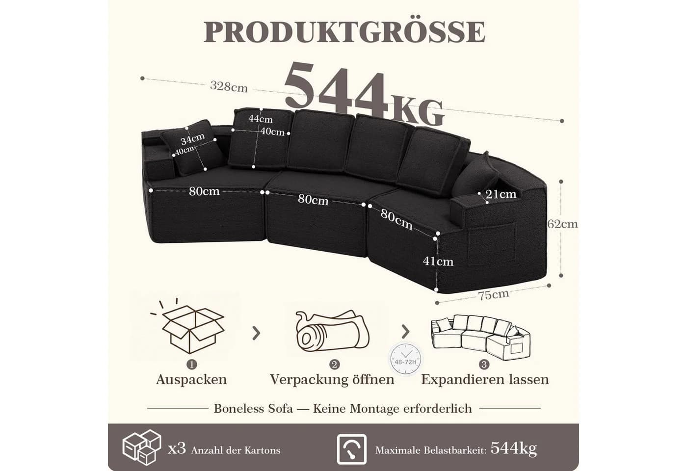 COMHOMA Modulares Schlafsofa Schwarz 3-Sitzer mit Schlaffunktion - Bild 3