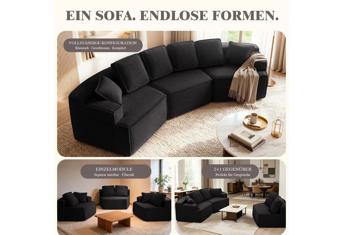 COMHOMA Modulares Schlafsofa Schwarz 3-Sitzer mit Schlaffunktion - Bild 5