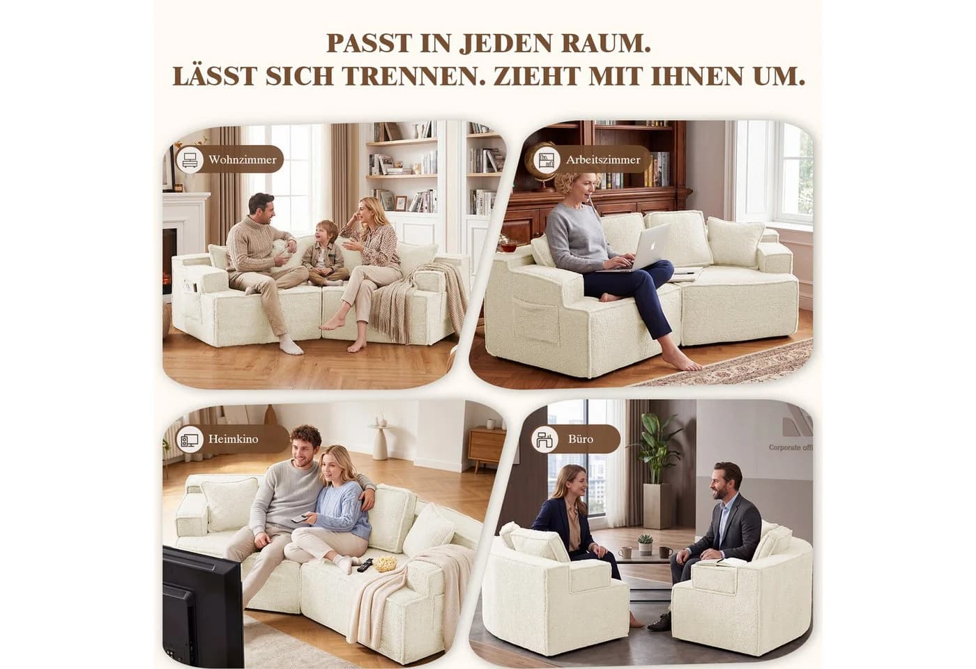 COMHOMA Modulares Schlafsofa 3-Sitzer Beige Sherpa-Kunstfell - Bild 3