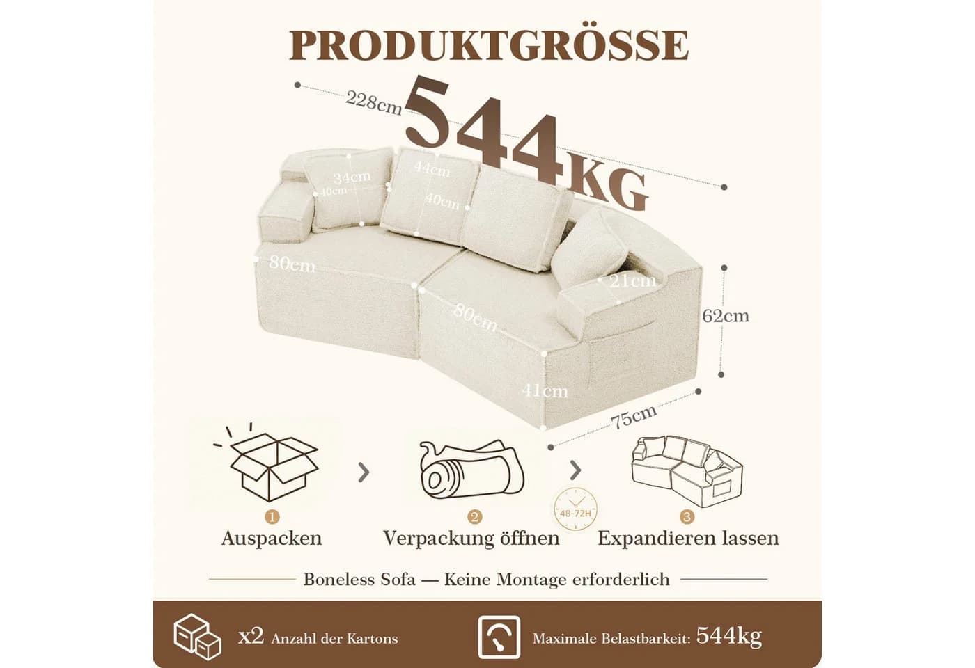 COMHOMA Modulares Schlafsofa 3-Sitzer Beige Sherpa-Kunstfell - Bild 4