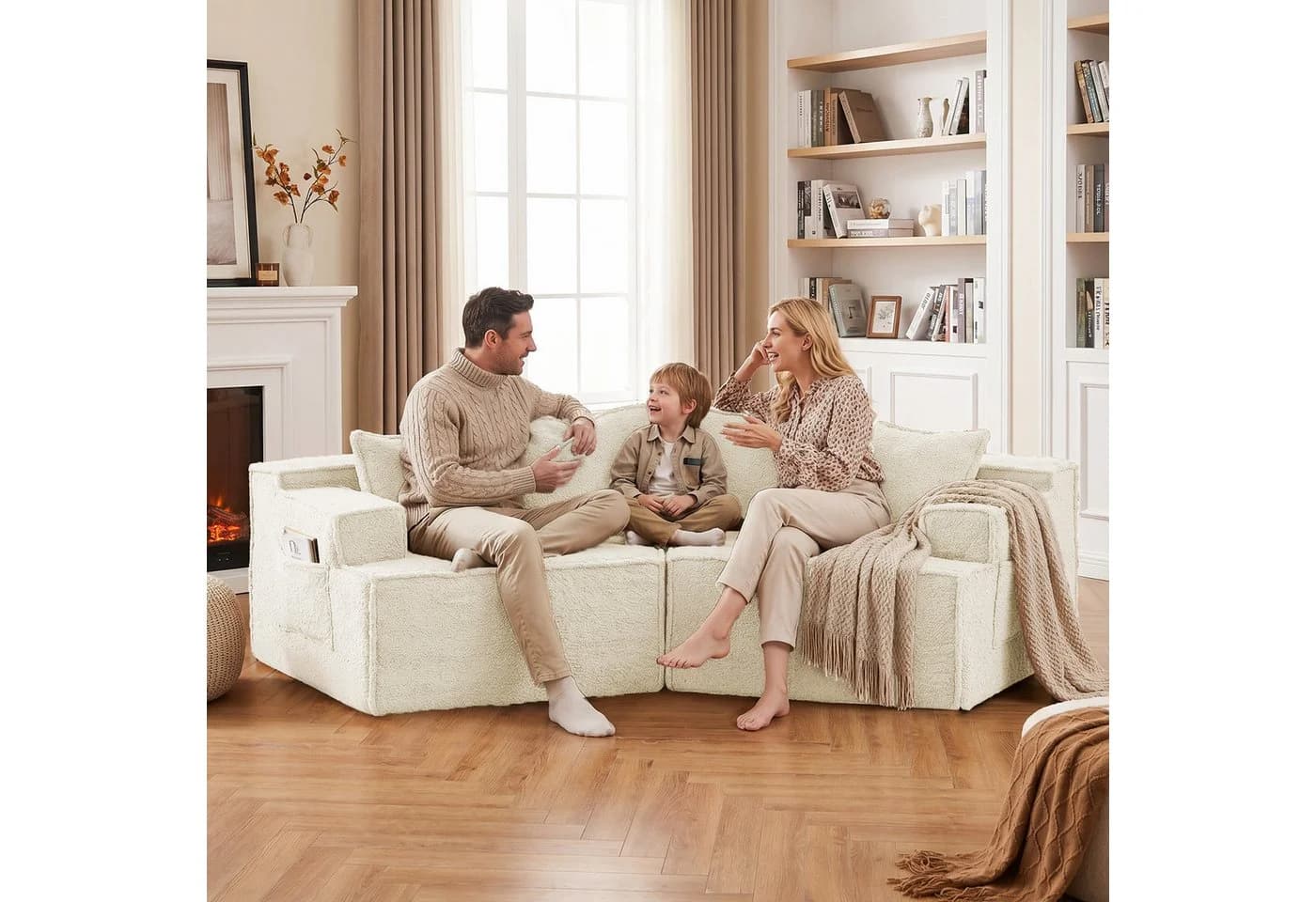 COMHOMA Modulares Schlafsofa 3-Sitzer Beige Sherpa-Kunstfell - Bild 5