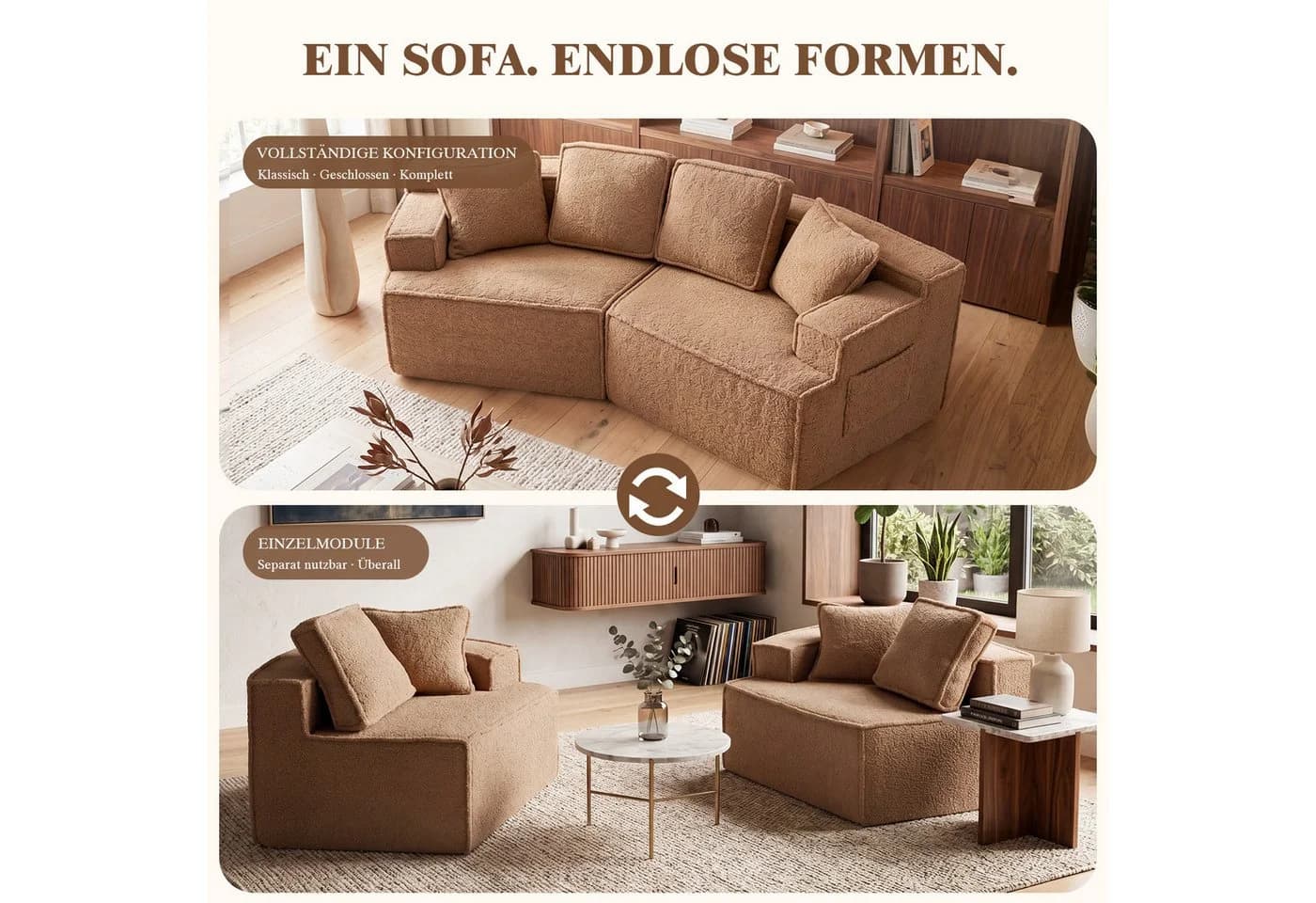 COMHOMA Modulares Schlafsofa 3-Sitzer hellbraun mit Schlaffunktion