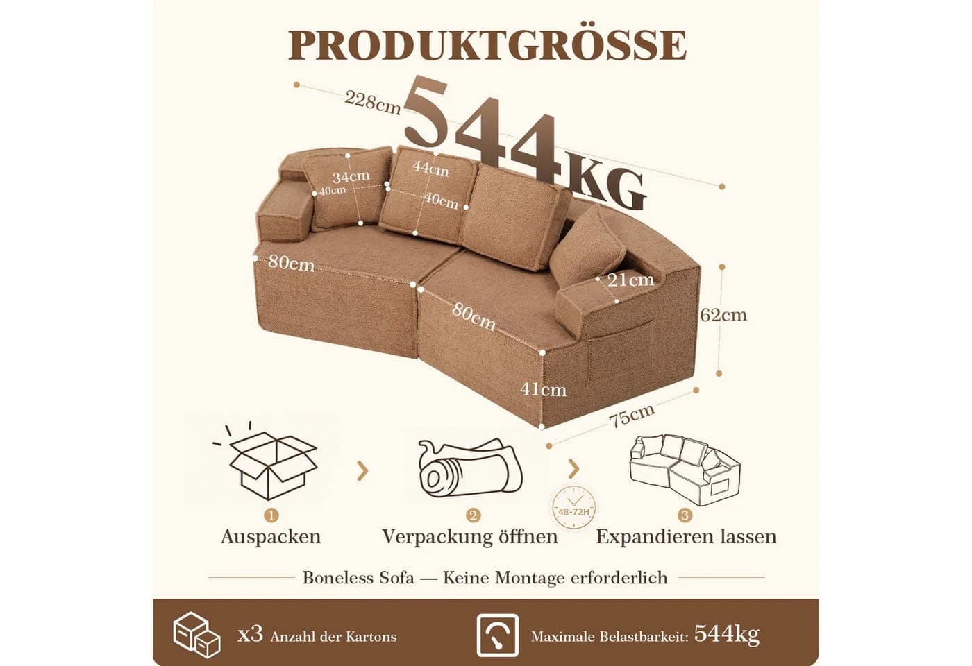 COMHOMA Modulares Schlafsofa 3-Sitzer hellbraun mit Schlaffunktion - Bild 3