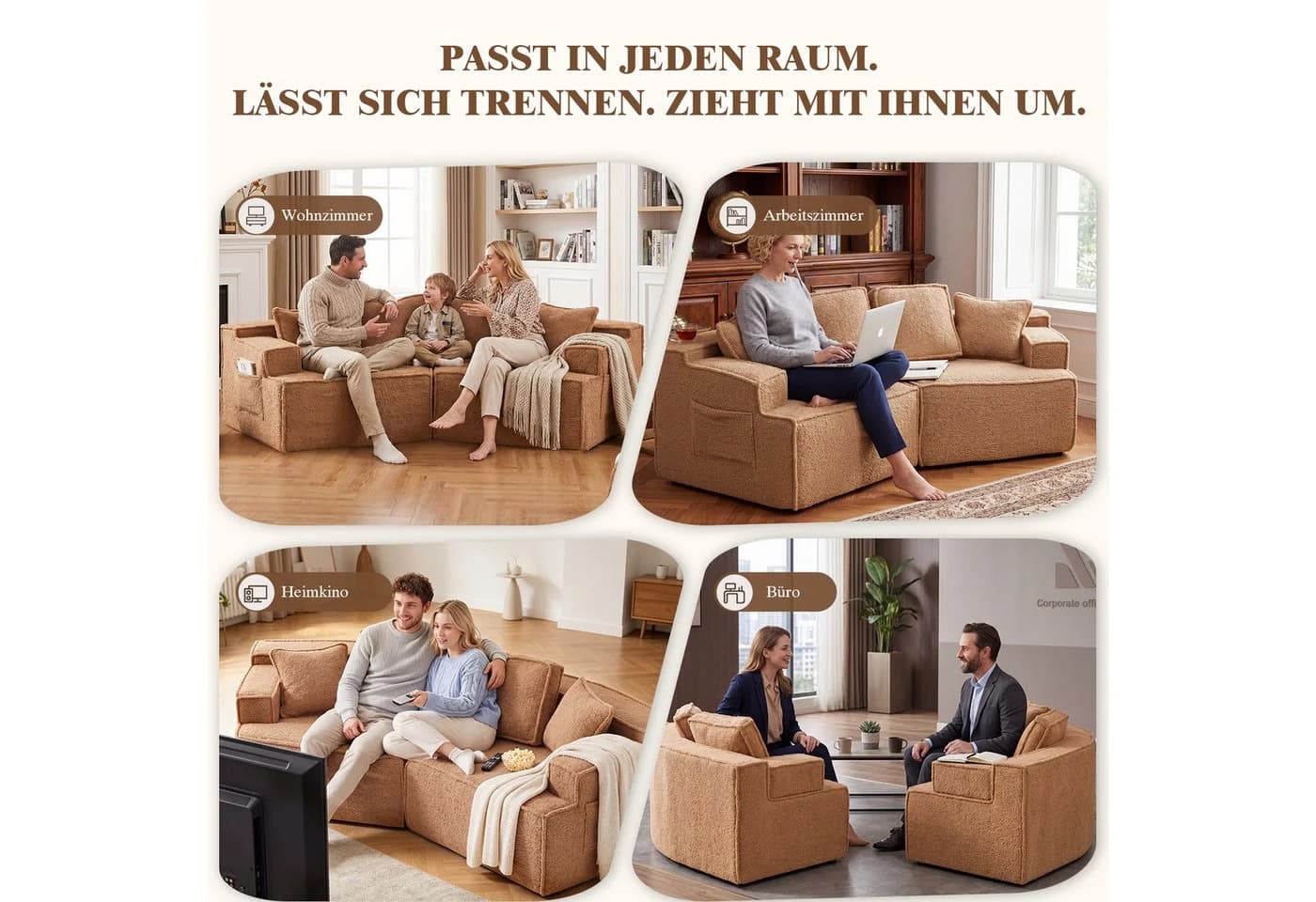 COMHOMA Modulares Schlafsofa 3-Sitzer hellbraun mit Schlaffunktion - Bild 4