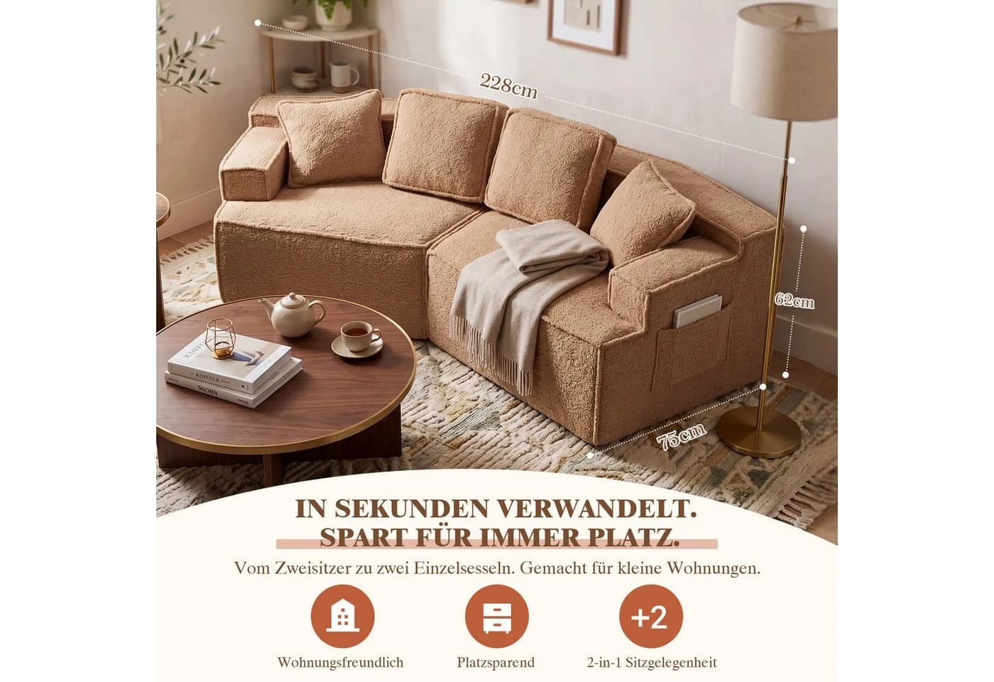COMHOMA Modulares Schlafsofa 3-Sitzer hellbraun mit Schlaffunktion - Bild 5