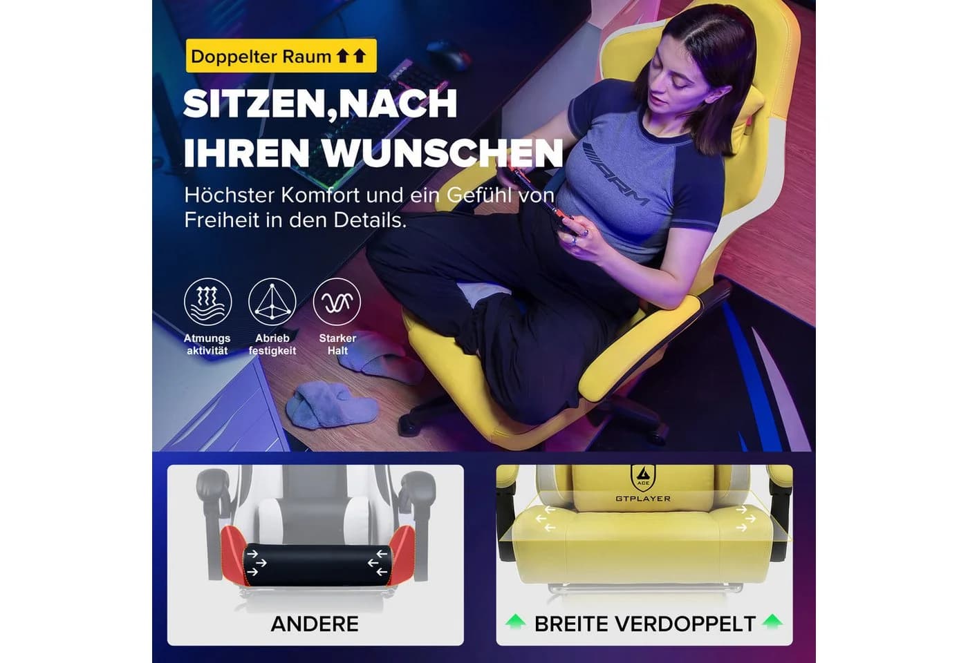 GTPLAYER Gaming-Stuhl Ergonomisch mit Fußstütze & Federkissen Gelb - Bild 3