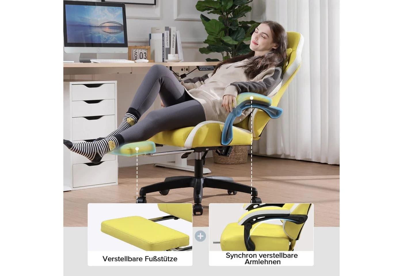 GTPLAYER Gaming-Stuhl Ergonomisch mit Fußstütze & Federkissen Gelb - Bild 4