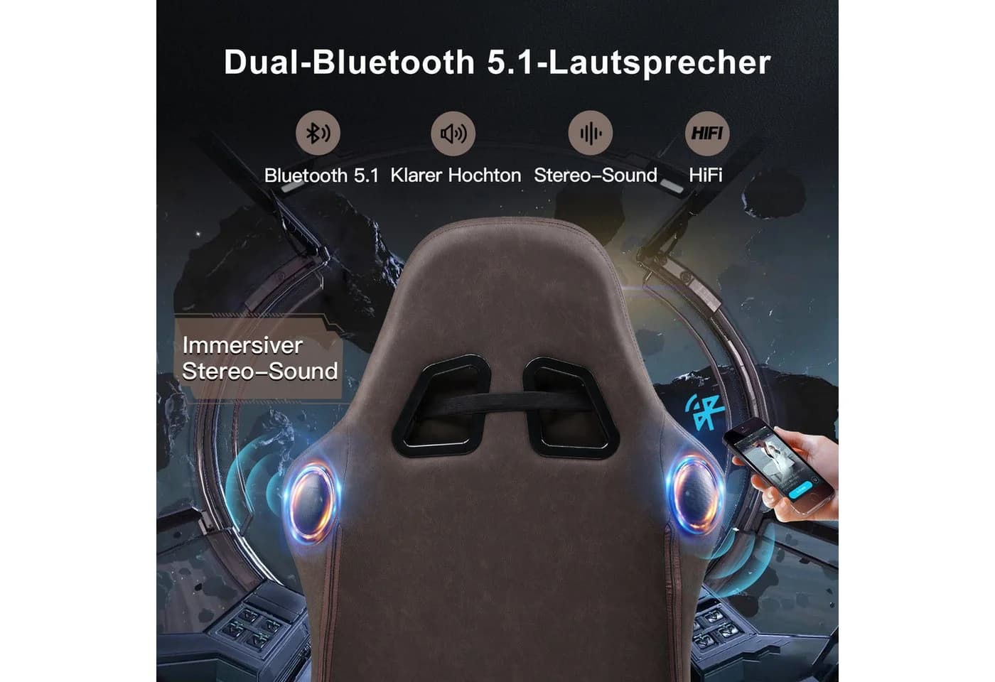 GTPLAYER Gaming-Stuhl mit Lautsprecher & Fußstütze, Braun Kunstleder