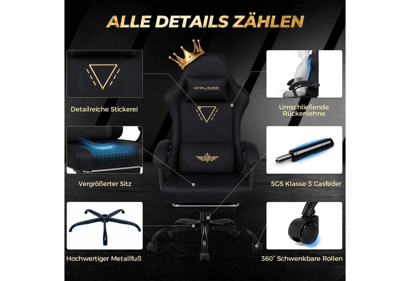 GTPLAYER Gaming-Stuhl Ergonomisch mit Federsitz & Fußstütze - Bild 3